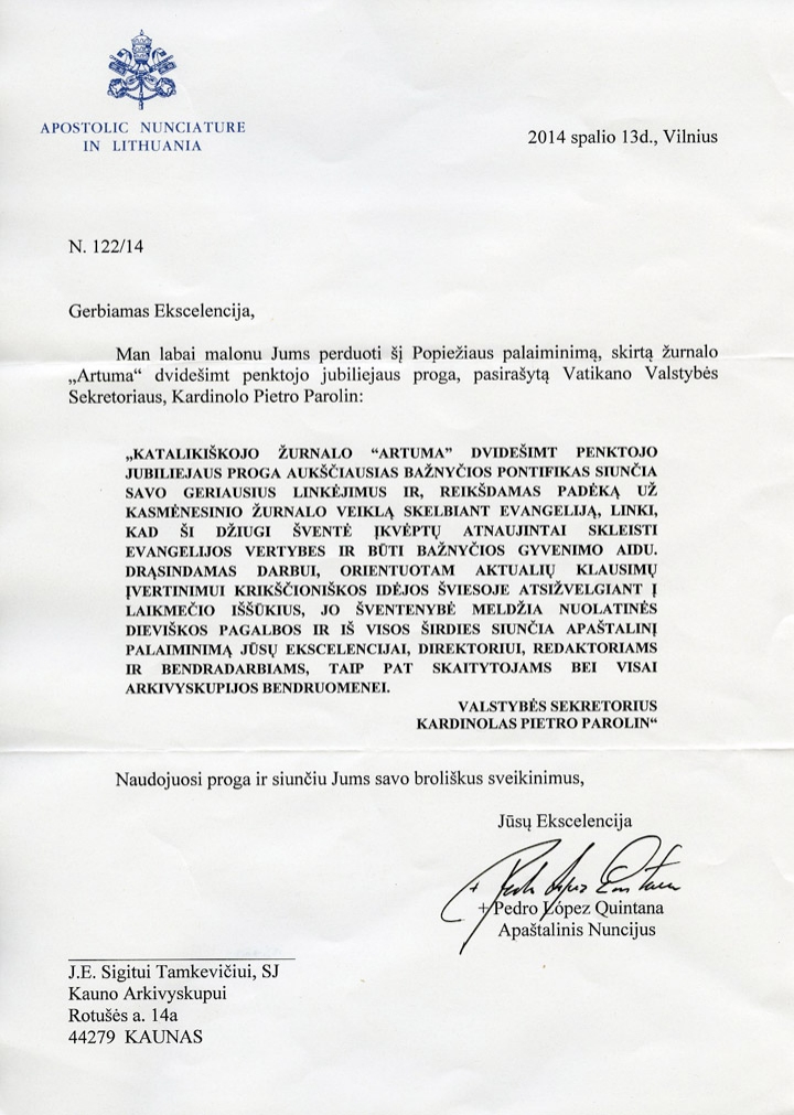 20141015 Popiežiaus sveikinimas